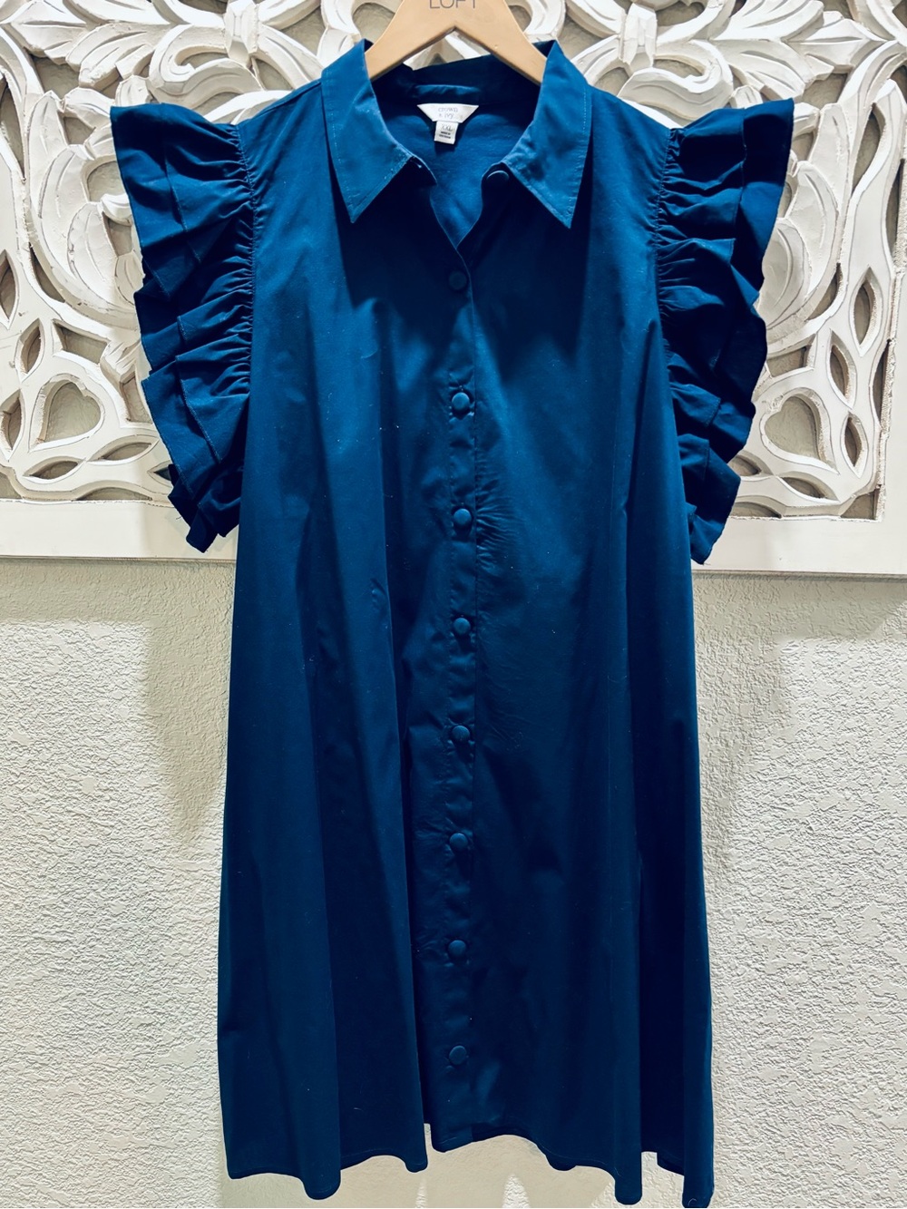 Crown & Ivy Navy Ruffle-Sleeve Button Down Shirt Dress - Picture 3 of 8